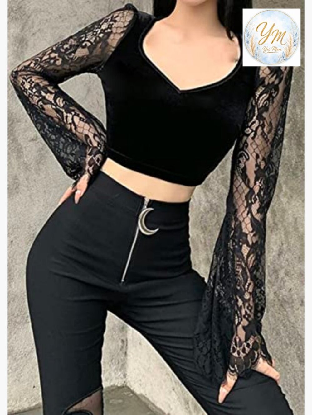 Gothic Crop Top with Velvet and Lace Long Sleeve V-Neck Top - Picture 5 of 7